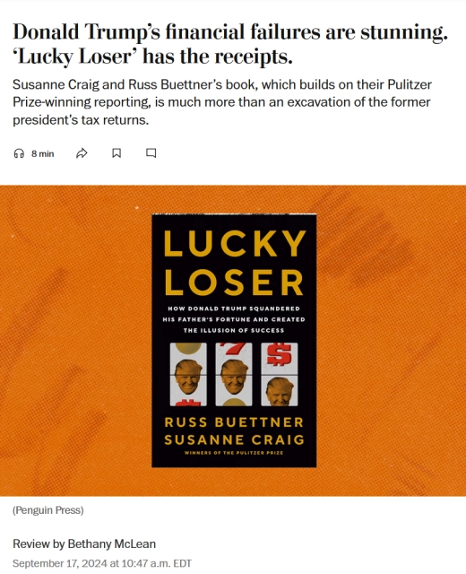 News headline, photo with credit, and byline

Headline: Donald Trump’s financial failures are stunning. ‘Lucky Loser’ has the receipts.

Susanne Craig and Russ Buettner’s book, which builds on their Pulitzer Prize-winning reporting, is much more than an excavation of the former president’s tax returns.

Photo: Cover of the Book "Lucky Loser: How Donald Trump Squandered His Father's Fortune and Created the Illusion of Success"

Credit: (Penguin Press)

Byline: 
Review by Bethany McLean
September 17, 2024 at 10:47 a.m. EDT