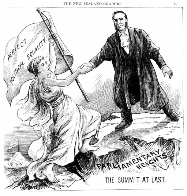 A cartoon showing a man helping a woman to the "parliamentary heights". She is carrying a flag saying "perfect political equality". Not quite sure why he's fully dressed and she's in floaty robes and bare feet.