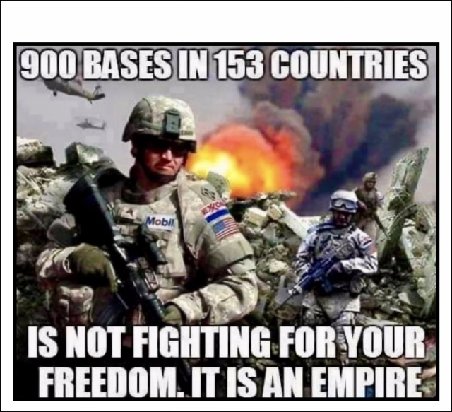 Photo collage of US soldiers in battle gear with ExxonMobil logos on their uniforms along with US flags. Caption says: "900 bases in 153 countries is not fighting for your freedom. It is an empire."