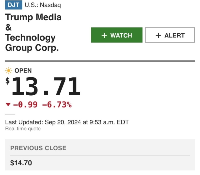 Stock ticker showing DJT down by 7% in early trading to $13.71 per share. 