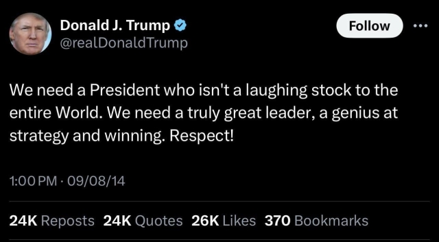 Trump posts “We need a President who isn’t a laughing stock to the entire world. We need a truly great leader, a genius at strategy and winning. Respect!”