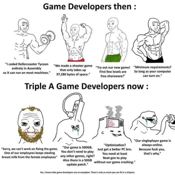 a meme describing how games used to be optimized back then vs how AAA game developers are lazy today