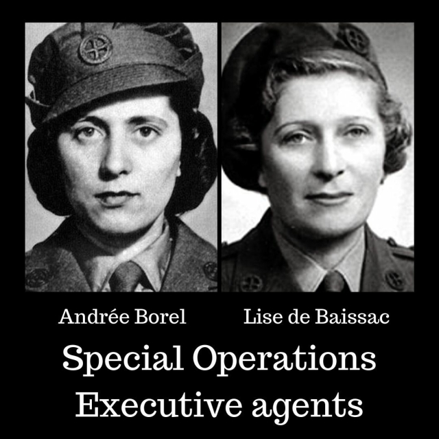 collage showing Andree Borel and Lise de Baissac in their uniforms, captioned with their names and role. Both are white women: Andree has dark hair whilst Lise is fair.