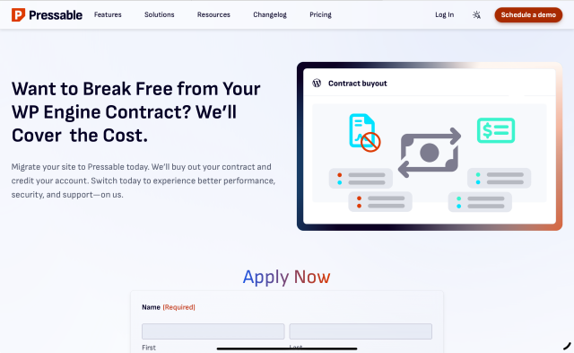 Screenshot of Pressable site.
Want to Break Free from Your
WP Engine Contract? We'll
Cover the Cost.