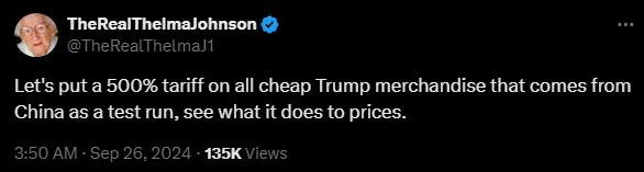 TheRealThelmaJohnson
@TheRealThelmaJ1
Let's put a 500% tariff on all cheap Trump merchandise that comes from China as a test run, see what it does to prices.