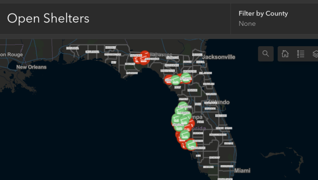 Map showing shelters that are open in Florida