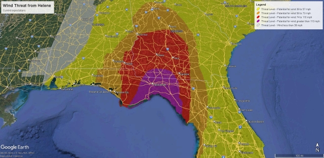 Wind risk map for Florida and Georgia showing hurricane force winds making it to about Macon and higher end tropical storm force winds to Atlanta.