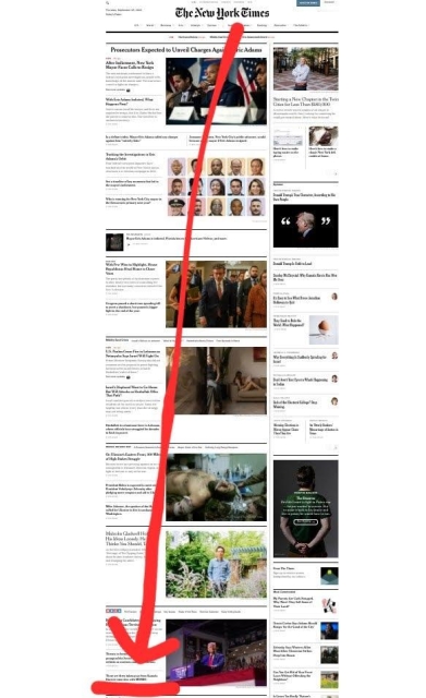 screenshot of homepage with red arrow pointing to story waaaay down