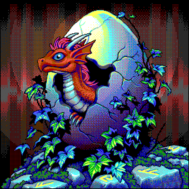 Highly detailed pixel art using the CGA palette. Seemingly underground, surrounded by a halo of light sits an egg, entwined in leafy vines, surrounded by crumbling runes. The egg has a hole cracked in the center and an orange dragonling baby is beginning to emerge.