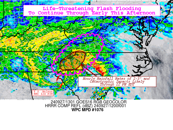 Map showing area of life threatening flash flooding risk