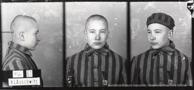 A mugshot registration photograph from Auschwitz. A man with a shaved head wearing a striped uniform photographed in three positions (profile and front with bare head and a photo with a slightly turned head with a hat on). The prisoner number is visible on a marking board on the left.