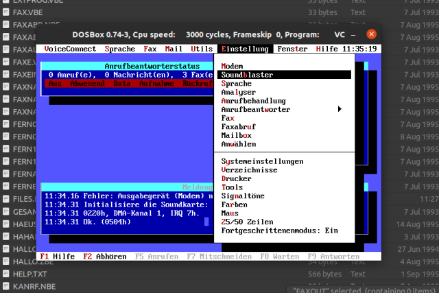 screenshot of dosbox running voiceconnect. main menu with status log, and settings menu expanded. 