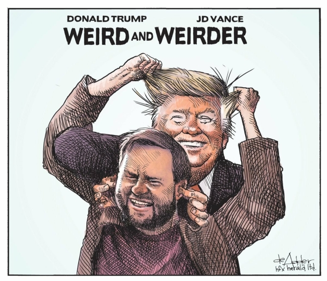 Cartoon featuring Donald Trump and JD Vance spoofing the "Dumb and Dumber" poster, with the heading "Weird and Weirder", signed by Michael De Adder