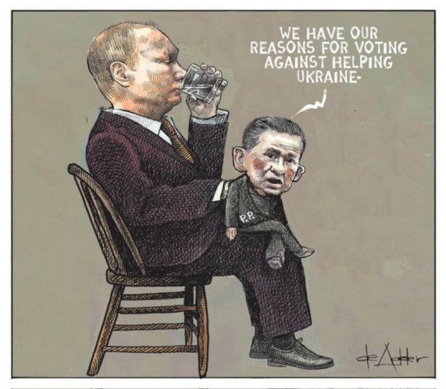 Drawing of Vladimir Putin sitting on a chair, a tiny Pierre Poilievre sitting on his lap. Putin is controlling the PP puppet with his right hand, while drinking a glass of water with his left. 

PP puppet is saying:
"WE HAVE OUR REASONS FOR VOTING AGAINST HELPING UKRAINE"