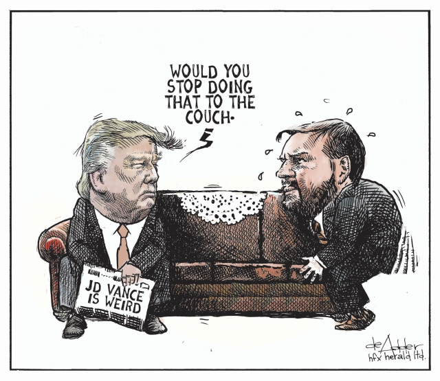 A drawing of:
A couch. Donald Trump sitting on the left holding a newspaper with the headline "JD VANCE IS WEIRD", looking over at Vance on the other end of the couch, having sex with it. 
Trump is asking, "Will you stop doing that to the couch?"