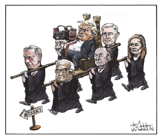 The six Republican-nominated Supreme Court justices carrying Donald Trump on a throne, walking in the direction of an arrow pointing to "autocracy"