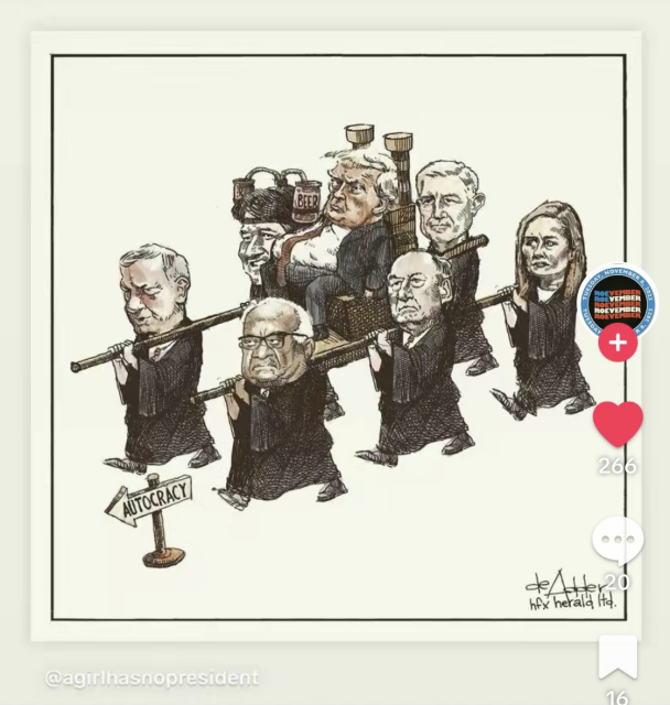 Canadian cartoonist Michael de Adder’s depiction of the six SCOTUS justices who voted in favor of Presidential immunity carrying Trump on a throne.