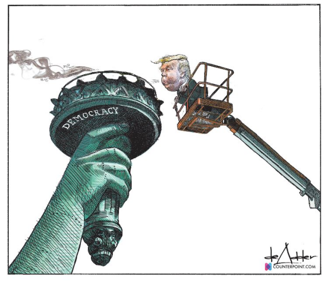 Donald Trump on a lift, raised up to the torch of the statue of Liberty, blowing out the flame of Democracy