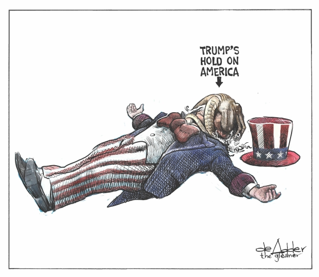 Uncle Sam laying on the ground, his hat next to him, an octopus wrapped around his face and head. 
The caption:
"Trump's hold on America"