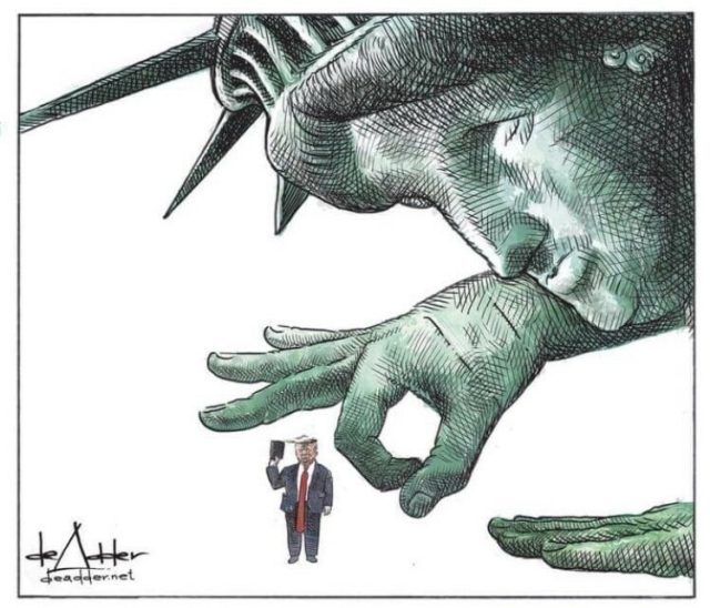 On a white background, Donald Trump holding up a Bible in his right hand. The Statue Of Liberty is hunched down, right hand out,  about to "flick" him right off