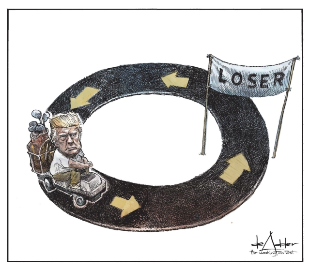 Donald Trump riding a golf cart in a circle, counterclockwise, passing under a sign that says "Loser"