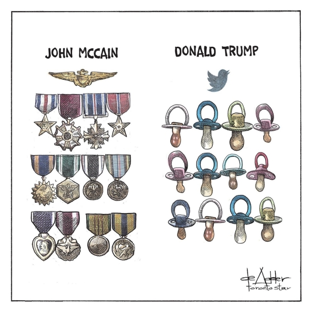 Two columns.
On the left, heading: "John McCain"
Three rows of four medals

On the right, heading: "Donald Trump"
Three rows of four baby pacifiers