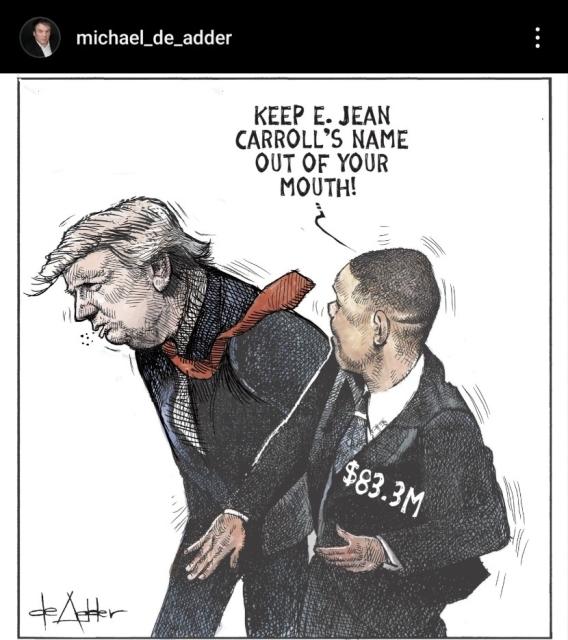 Man labeled 83.3M slaps Donald Trump and states emphatically "Keep E. Jean Carroll's name out of your mouth!"  Trump is sufficiently cowed and surprised by the slap.