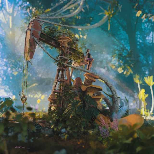 Digital illustration representing an oil derrick at rest because it has been overgrown by sacred plants and vines.