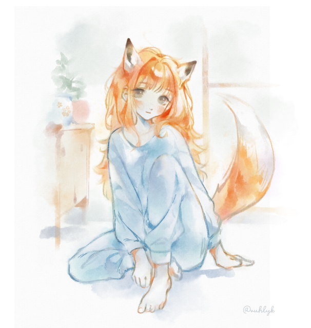 digital watercolor illustration of a cute ginger fox girl with fox ears and tail, sitting on a floor in blue pajamas. There's a window and a cupboard with plants behind her