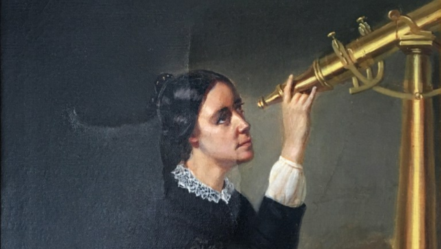 painting of Maria Mitchell looking through a telescope. She is a white woman with dark hair.