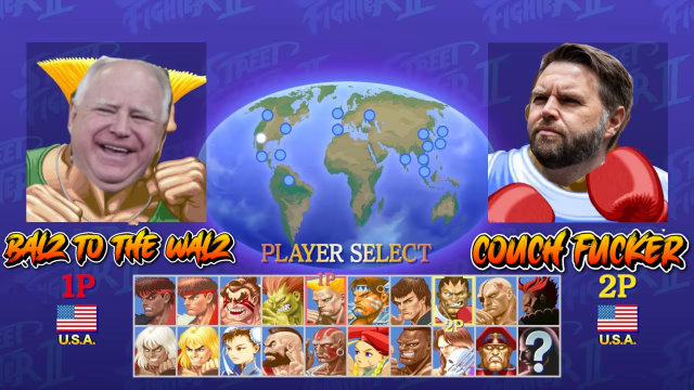 Street fighter player select screen with Balz to the Walz and Vance (Couch Fucker) LETS GET IT ON

I just used Pixlr and a free online street fighter font zero idea what I'm going but it got the job done. 