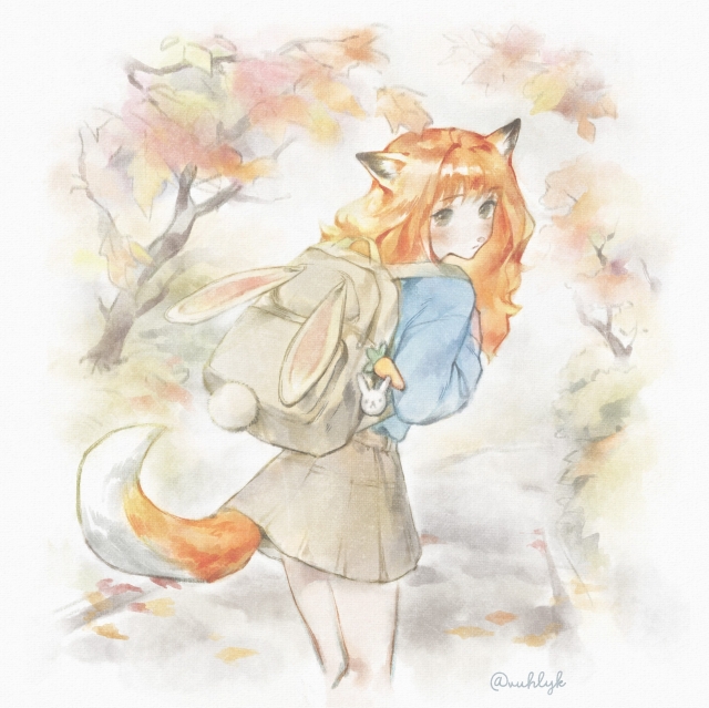 digital watercolor illustration of a ginger fox girl carrying backpack, walking in an autumn park. She has fox ears and tail, wearing a short skirt and a longsleeve. The backpack has bunny ears and bunny tail attached to it