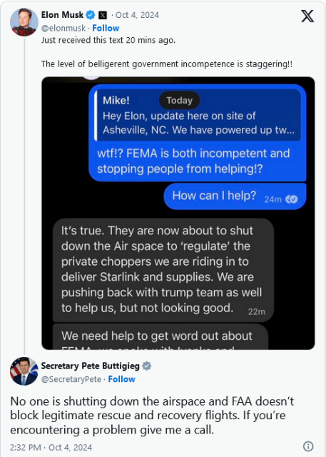 Elon Musk tweet, rebutted by Secretary Pete Buttigieg.