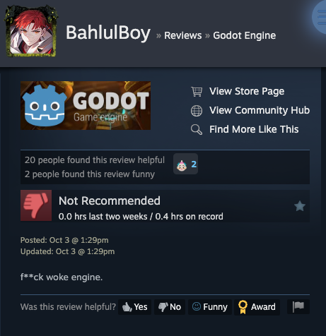 A negative review from BahlulBoy for Godot Engine on Steam. They say "f**ck woke engine". 

This player has 0.4 hours on record according to steam. 