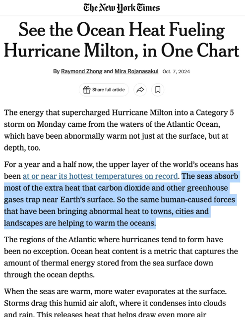 NYT: "For a year and a half now, the upper layer of the world’s oceans has been at or near its hottest temperatures on record. The seas absorb most of the extra heat that carbon dioxide and other greenhouse gases trap near Earth’s surface. So the same human-caused forces that have been bringing abnormal heat to towns, cities and landscapes are helping to warm the oceans."