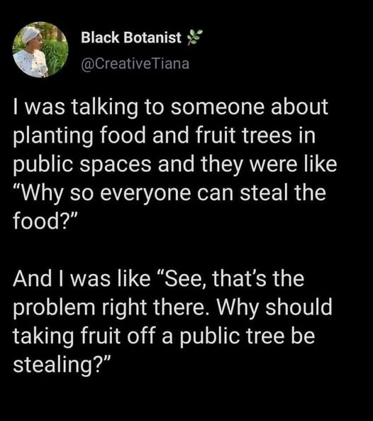 Black Botanist
@CreativeTiana

I was talking to someone about planting food and fruit trees in public spaces and they were like "Why so everyone can steal the food?"

And I was like "See, that's the problem right there. Why should taking fruit off a public tree be stealing?"