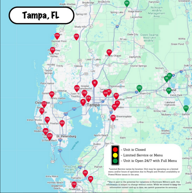 All Tampa Area and St. Petersburg Waffle House locations closed ahead of Milton