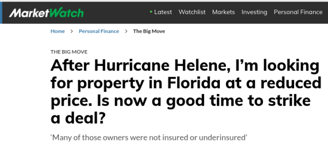 Marketwatch: After Hurricane Helene, I’m looking for property in Florida at a reduced price. Is now a good time to strike a deal?