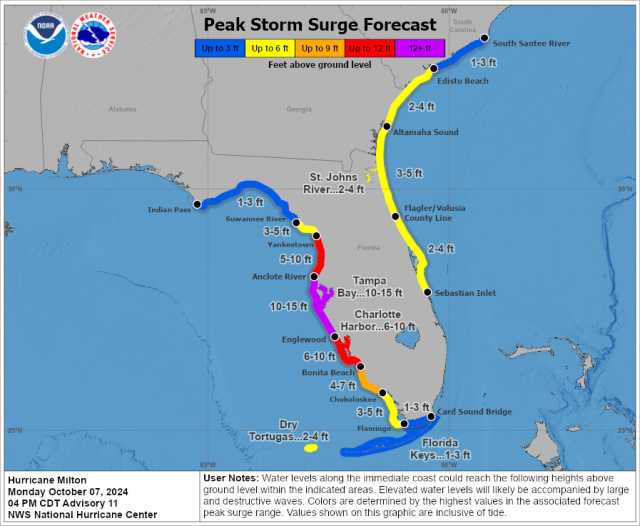 Storm surge. Peak is 10-15 feet in the region around Tampa, with risk extending along the entire west coast of Florida and much of the east coast.