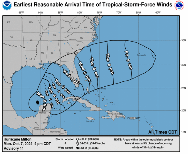 Earliest Reasonable Arrival Time of Tropical-Storm-Force Winds. The West coast of Florida is marked as Wednesday 8AM.