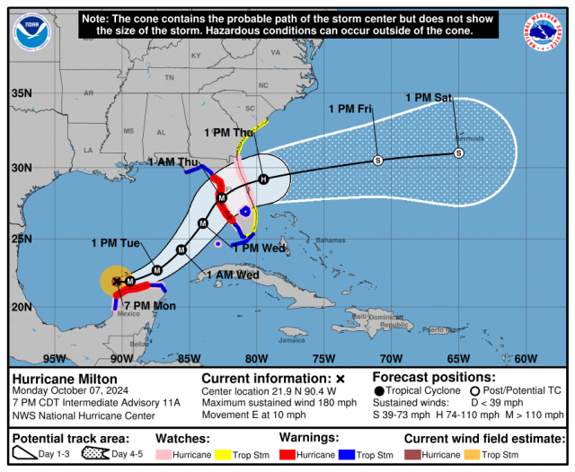 Summary for Hurricane Milton (AT4/AL142024)
As of 7:00 PM CDT Mon Oct 7 the center of Milton was located near 21.9, -90.4 with movement E at 10 mph. The minimum central pressure was 897 mb with maximum sustained winds of about 180 mph.