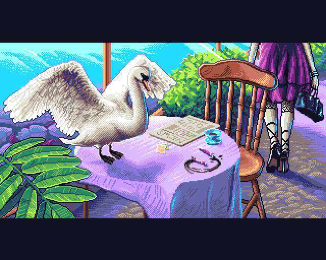 Pixel art showing a swan with spread-out wings on a café table. It looks at a leaking bottle of mascara while a woman in dark clothes is leaving in the background.