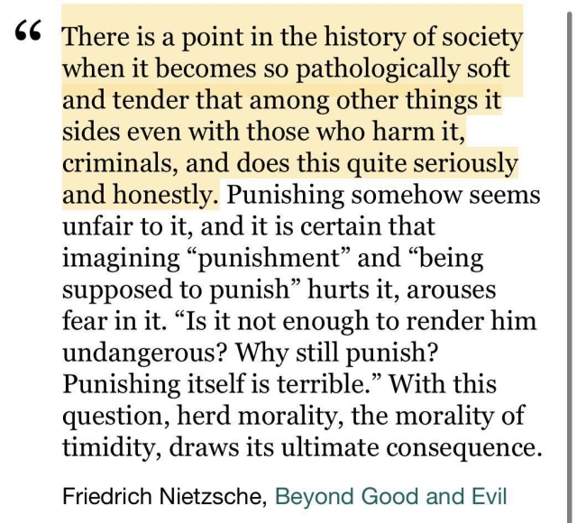 
'There is a point in the history of society when it becomes so pathologically soft and tender that among other things it sides even with those who harm it, criminals, and does this quite seriously and honestly. Punishing somehow seems unfair to it, and it is certain that imagining "punishment" and "being supposed to punish" hurts it, arouses fear in it. "Is it not enough to render him undangerous? Why still punish? Punishing itself is terrible." With this question, herd morality, the morality of timidity, draws its ultimate consequence.'

- Friedrich Nietzsche, Beyond Good and Evil