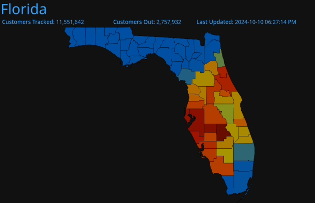 Map from Poweroutage.us showing a map of Florida with power outages, most starting around Hillsborough and Pinellas County