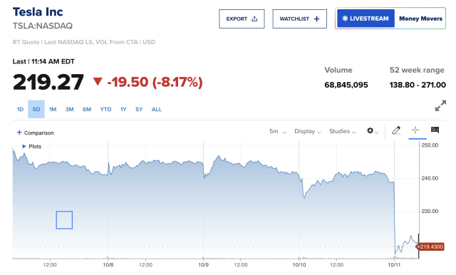 5-day stock ticker showing TSLA down 19.50 (-8.17%) in morning trading to 219.27, slightly off its opening low.