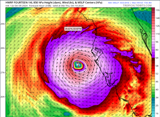 Visual realization of hurricane model HWRF. The image shows a large purple circle with rough edges, surrounded by red, yellow, and green concentric circular areas, all of which are fairly rough and sinuous. In the center of the purple circular shape are progressively smaller concentric shapes, with the same color gradient toward the center - purple, red, yellow, green, and then blue and white. White is basically no wind, blue is up to 15 knots, green is up to 40 knots, red almost gets to 60, purple gets into the 80's and light purple to pink all the way up to 110 knots or above. This speed information is given in the vertical color bar on the right, which is made up of small rectangles of each different color bordering bottom edge to top edge over the full height of the image, and numbers next to some of the colored rectangle boundaries. The small concentric features in the middle of the purple region are the eye and eye wall of the storm, where the highest winds are. The image is a paused model animation from www.tropicaltidbits.com (Tropical Tidbits), and the model was initialized at 12 Z Oct. 5 2024, or 6PM Oct. 4 EDT. The outline of Florida's west coast is visible in black about two thirds width from the left of the image, with the eye heading for the peninsula just north of Tampa Bay (Pinellas County). The east coast of Florida is visible near the right side of the image. The high wind field in purple is about the same with of the Florida peninsula.