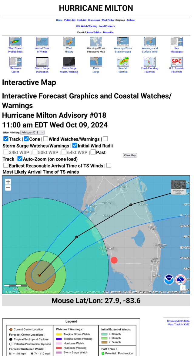 Screen shot of interactive hurricane warning cones and track from the national hurricane center. The map shows concentric circles around the current location of Hurricane Milton. The red circle (smallest) represent hurricane force winds, yellow is strong tropical storm force, and green is tropical storm force. A black line with some circles shows the predicted track with fixes at the dots. A blue are formed by a pair of lines nearly parallel to the track forecast create what is called the cone of uncertainty. We are located at the red south of the cine of uncertainty.