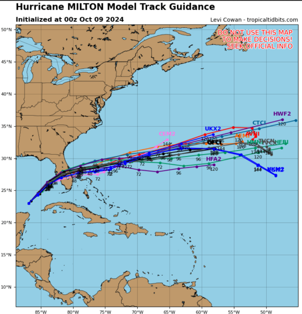 Consolidated model runs from 0z 9 Oct 2024, visualized on Levi Cowan's www.tropicaltidbits.com website. Emanating from a single point in the Gulf of Mexico, several lines of different colors arc to the northeast and then to the east, growing further apart as they criss they the Florida Peninsula. All model tracks are south of Tampa Bay and north of Naples, but still closer to Tampa Bay.