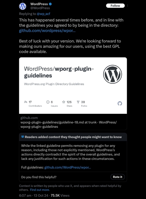 The official WordPress account responding to ACF about forking their plugin:
"This has happened several times before, and in line with the guidelines you agreed to by being in the directory: github.com/wordpress/wpor…

Best of luck with your version. We're looking forward to making ours amazing for our users, using the best GPL code available."