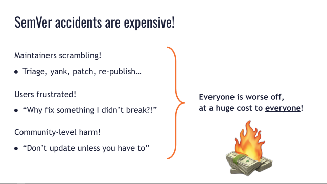 SemVer accidents are expensive:
- Maintainers are scrambling to triage, yank, patch, re-publish.
- Users are frustrated: "Why fix something I didn't break?!"
- Community-level harm: "Don't update unless you have to"

Everyone is worse off, at a huge cost to everyone!